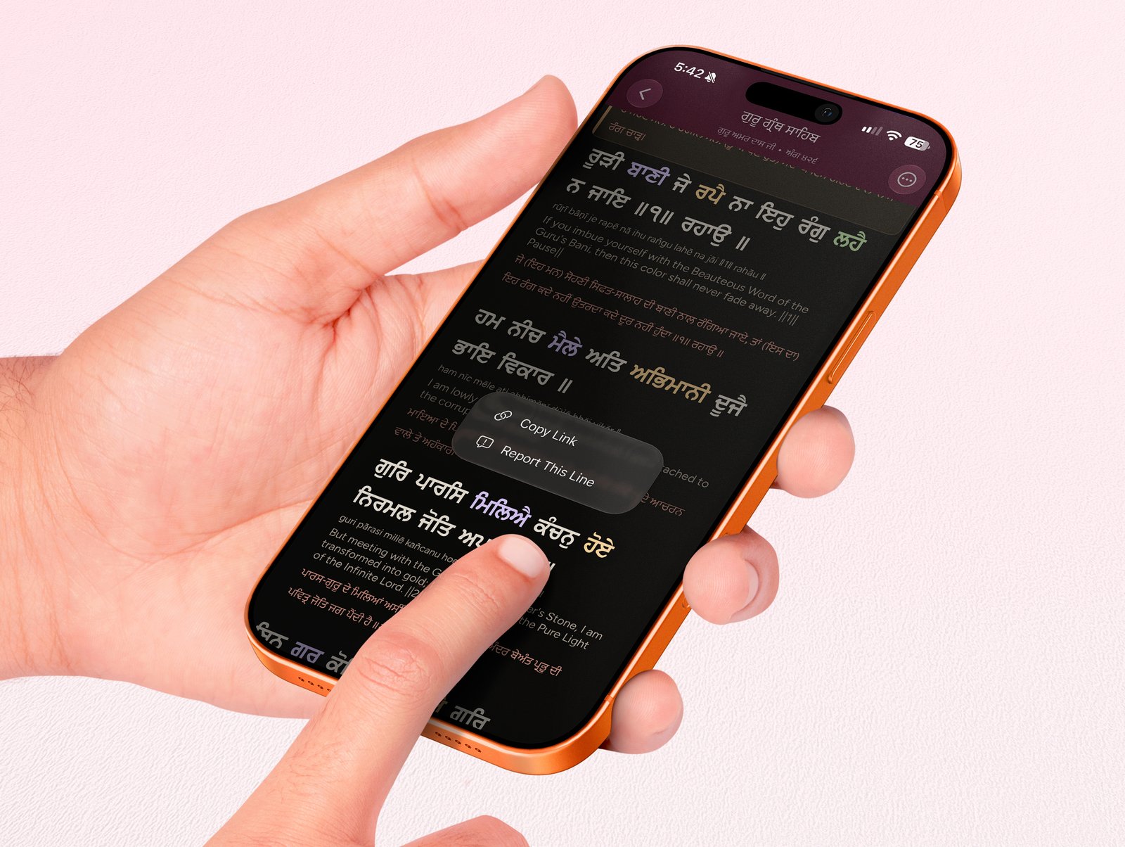 Reader menu with Copy Link, Search in this bani, Reading settings and Cast to TV on iPhone