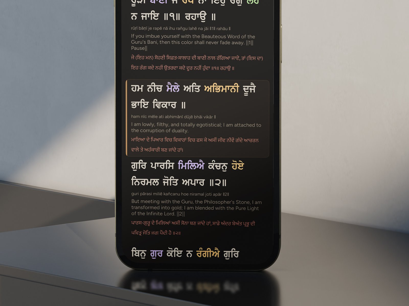 Gurbani pangtis with English and Punjabi translations beneath on iPhone